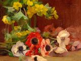 un tableau représentant un bouquet de fleurs posé sur une table