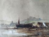 a painting of a boat on the shore with a castle in the background