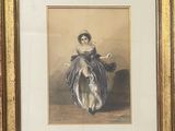 une image représentant un tableau où l'on voit une femme en robe bleue assise sur un cheval