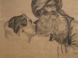 an old drawing of a man with a beard and a woman in a turban