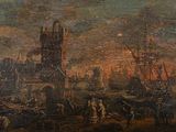 painting of a painting of a harbor scene with ships in the water