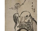 un vieux dessin représentant un homme avec une épée et un oiseau sur la tête