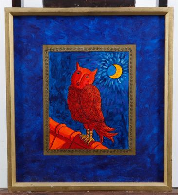 an image of a painting of a red bird sitting on top of a wooden table