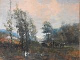 painting of cows in a pasture with trees in the background