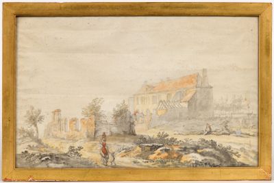 an image of a painting of a castle on a hill with a man standing in front of it