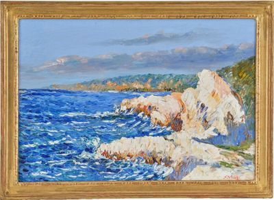une peinture à l'huile représentant une côte rocheuse avec des vagues se brisant contre les rochers