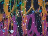 an image of a painting of colorful paint splatters on a black background