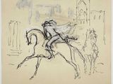 une image représentant un dessin d'un homme à cheval devant un bâtiment