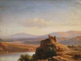 peinture représentant un paysage avec un château et une rivière au premier plan