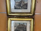 two framed pictures of a building and a building with a clock on it