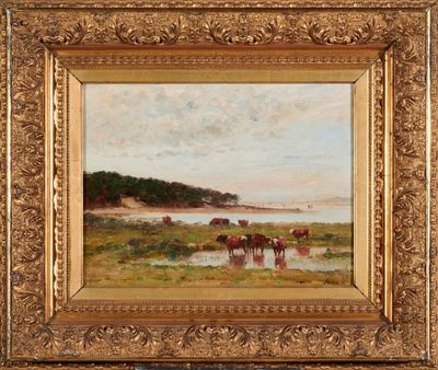 une peinture à l'huile représentant un troupeau de bovins paissant dans un champ