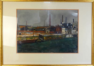 tableau représentant une ville avec des usines et des bateaux sur l'eau