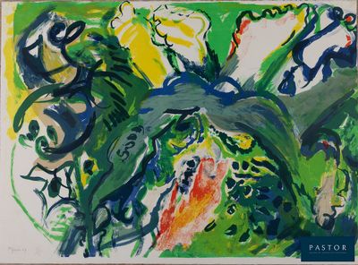 peinture abstraite représentant des fleurs vertes et jaunes dans un vase, sur un fond blanc