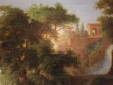 a painting of a river with a bridge in the background
