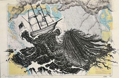 a drawing of a ship in the middle of the ocean