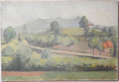 une peinture à l'huile représentant un paysage avec, au loin, une maison au toit rouge