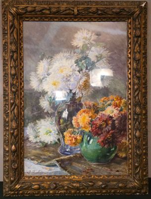 une peinture de fleurs dans un vase sur une table