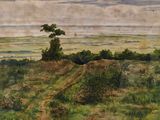peinture représentant un paysage avec un chemin de terre et un arbre solitaire au premier plan