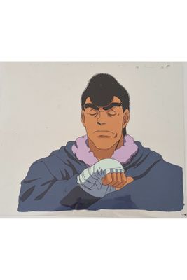an animation drawing of a man in a blue jacket holding a white object