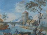 an image of a painting of a river scene with a man and a woman in a boat