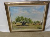une peinture à l'huile représentant un arbre dans un champ, avec le ciel en arrière-plan