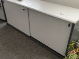 a white desk with a plant in the corner of the room