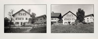 two black and white pictures of a couple of houses