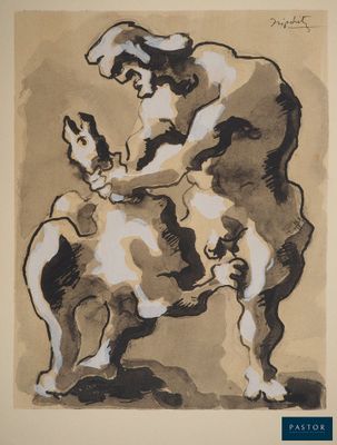une image représentant un tableau sur lequel figurent une vache et un chien posés sur une table