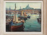 a painting of boats in a harbor with a castle in the background