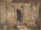 an image of a painting of a building with a man sitting outside of it
