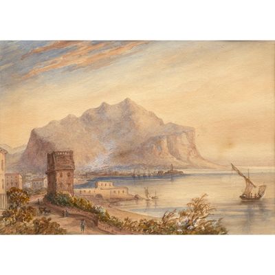 une image représentant un tableau représentant une vue sur une baie et des montagnes