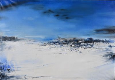 abstract painting of a blue sky with clouds over a beach