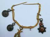 a close up of a gold bracelet with charms on it