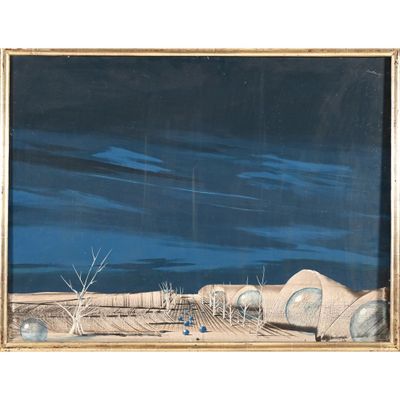framed painting of a landscape with a train on the tracks and a person walking on the tracks