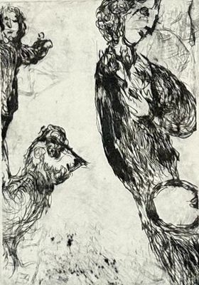 un dessin en noir et blanc représentant une femme et un chien