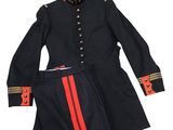 a black uniform with a red stripe on the side and a black jacket