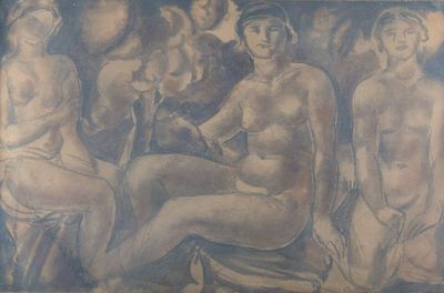 un tableau représentant un groupe de femmes nues assises sur un banc