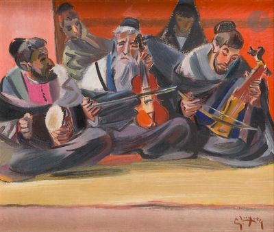 an oil painting of a group of musicians playing instruments
