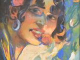 an oil painting of a woman with a flower in her hair