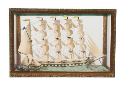 painting of a sailing ship in a glass case on a white background
