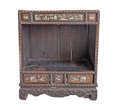 an image of a wooden shelf with drawers and drawers on top of it