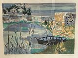 a picture of a painting of a boat on the water
