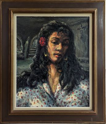 painting of a woman with a flower in her hair