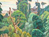 an oil painting of a view of a forest with a house in the distance