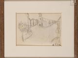 drawing of a street scene with buildings and trees in the background