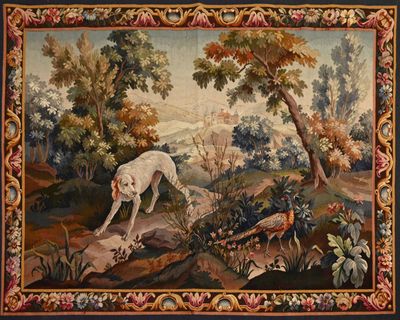 painting of a dog in a wooded area with trees and flowers