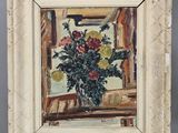 painting of a vase of flowers on a table in front of a window