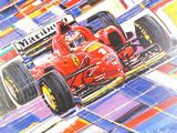 tableau représentant une voiture de course rouge roulant sur un circuit orné de lignes colorées