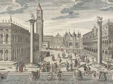 un dessin représentant une place de ville avec une tour horloge en arrière-plan