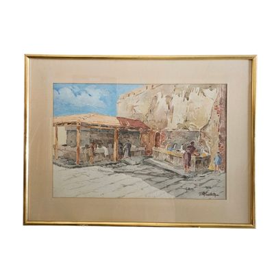 aquarelle encadrée représentant une ancienne station-service dans le désert